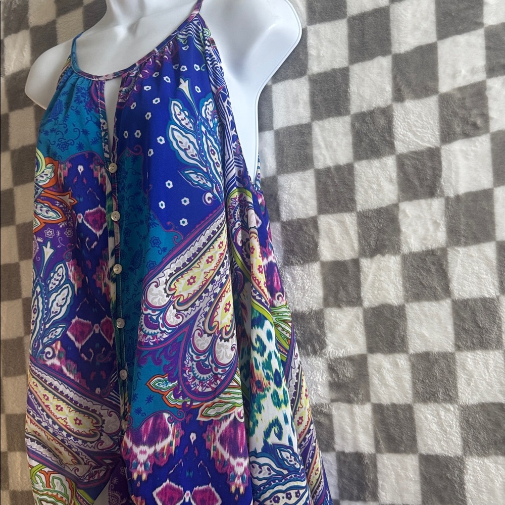 Chicos Women’s Open Shoulder Blue Paisley Button Up Top With Tie Front Size 2X - Picture 7 of 10